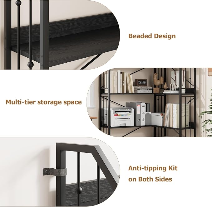 GarveeHome Corner Bookshelf 72" L Shaped Bookcase, Corner Bookshelves Industrial Bookcase 5 Tier L-Shape Bookshelf, Large Bookcases with Beaded Design Tall Display Rack Shelf for Living Room Bedroom