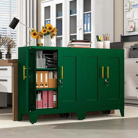 pozdeg 35.43" Metal Storage Cabinet with Lock, Metal File Cabinet with 2 Doors & 2 Adjustable Shelves, Steel Locker Utility Tool Garage Cabinets for Home, Office, Warehouse (Green)