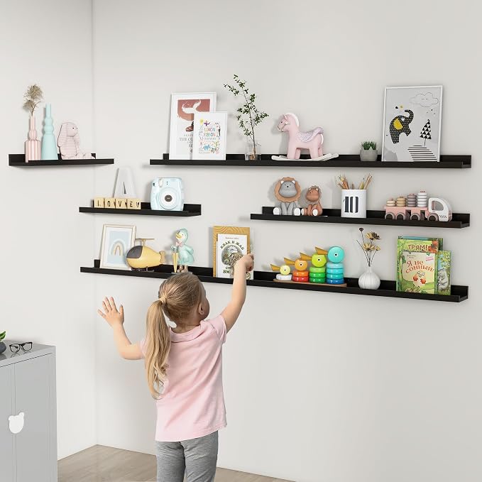FLYJOE Picture Ledge Shelf, Floating Shelves Set of 2, 72 Inches Long Large Nursery Book Shelves for Toys Storage, Kids Bookshelf Wall Mounted for Living Room Bedroom Decor Books Photo Frames, Black
