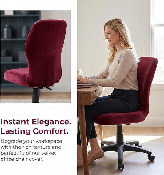 Deisy Dee Velvet Stretch Armless Office Chair Covers - Colorful Stretch Slipcover for Desk Chairs (Burgandy)