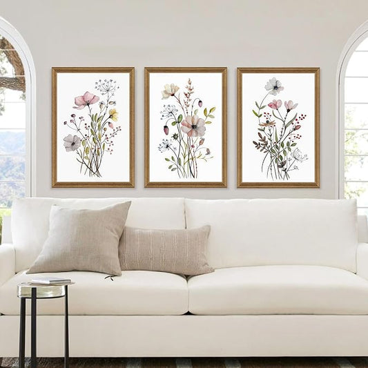 WRFON Framed Botanical Canvas Wall Art Set of 3, Watercolor Floral Prints, Framed Flower Wall Decor for Bedroom Bathroom Living Room, 20x30 Inch Each