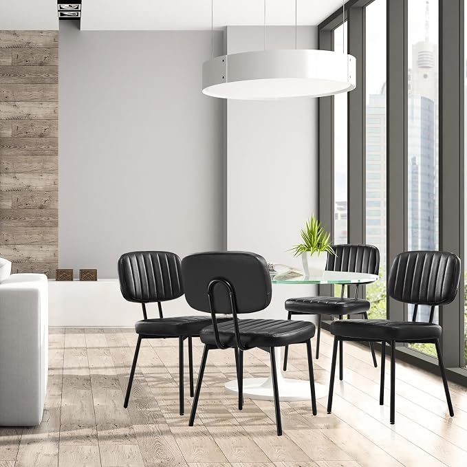 Sweetcrispy Dining Chairs Set of 6, Upholstered Mid Century Modern Kitchen Accent Chairs with Faux Leather Cushion Seat & Metal Legs for Home Office, Living Room - Black