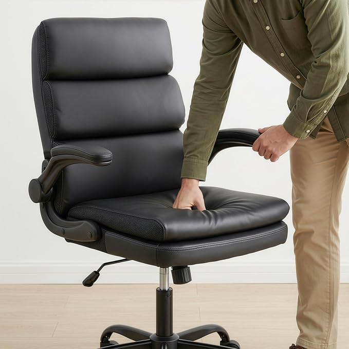 Mid Back Office Desk Chair,Leather Conference Room Chairs,Ergonomic Home Computer Chair,Modern Executive Chair with Padded Flip-up Armrest and Swivel Wheels (Black)