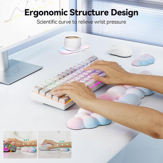 TECKNET Cloud Keyboard Wrist Rest Set, Cloud Wrist Rest with Non-Slip Base, PU Leather Wrist Pad for Keyboard with Ergonomic Memory Foam for Computer Laptop Office Gaming and Pain Relief, Rainbow