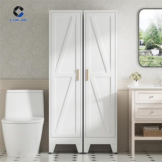 COFaR 67'' Tall Slim Bathroom Storage Cabinet, Metal Narrow Pantry Cabinet with 4 Adjustable Shelves and One Door, Skinny Cabinet Storage for Kitchen Laundry, White Farmhouse 5 Tiers