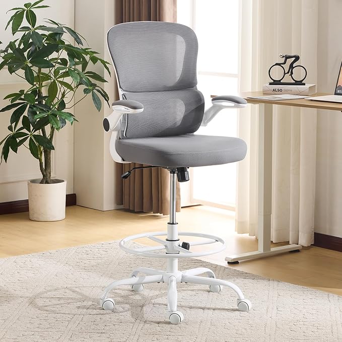 Karl home Ergonomic Drafting Chair, Grey | Lumbar Support, Flip-Up Armrests, Adjustable Height Footrest Ring, Breathable Mesh, Tall Swivel