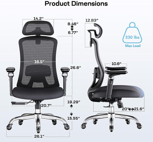 Marsail Ergonomic Office Chair with 6D Armrests, 3D Adjustable Headrest, Slide Seat, Lumbar Support, and 4-Position Tilt Lock – Big and Tall Office Chair with 330 lbs Capacity, Pack of 15