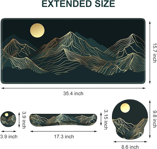 iCasso Large Mouse Pad, 4in1 XXL Mousepad + Keyboard Wrist Rest+Mouse Wrist Rest+Coaster Set with Ergonomic Design for Computer(Cyan-Mountain)