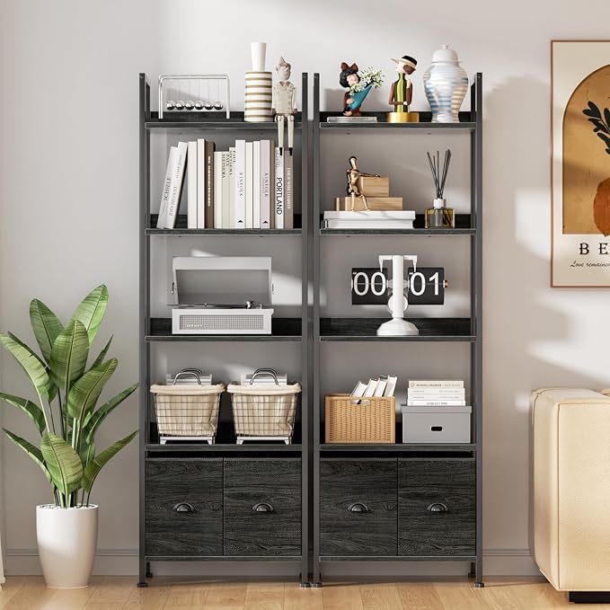 Furologee 5-Tier Bookshelf Set of 2, Tall Bookcase with 2 Drawers and Shelves, Industrial Display Free Standing Shelf Units, Storage Rack Organizer for Bedroom, Living Room, Home Office, Black Oak