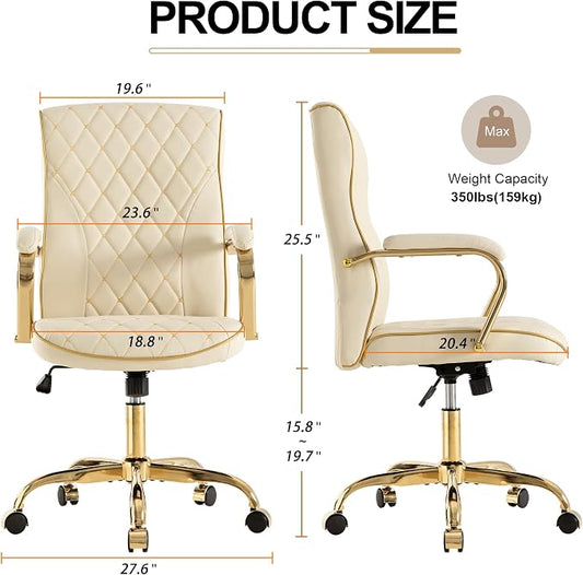 Beige and Gold Office Desk Chair,Conference Room Chairs,Mid Back Vintage Executive Leather Chair,Ergonomic Computer Swivel Chair with Rocking Function and Padded Arms,Adjustable Height