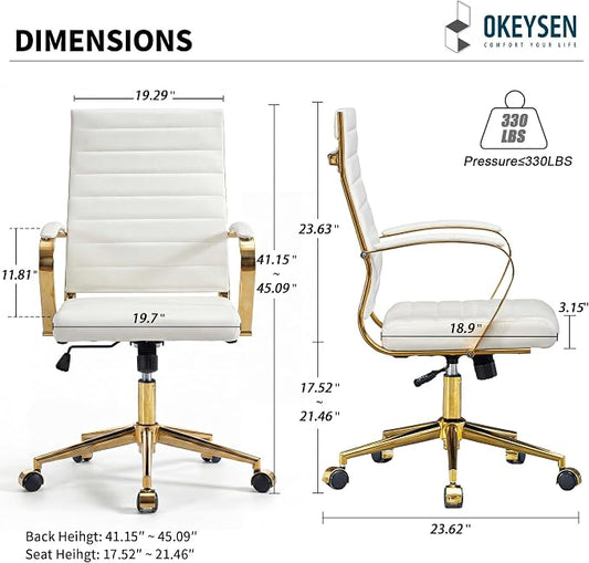 Okeysen Gold Office Desk Chair, Ergonomic Leather Modern Conference Room Chairs, Executive Ribbed Height Adjustable Swivel Rolling Golden Chair for Home Office.