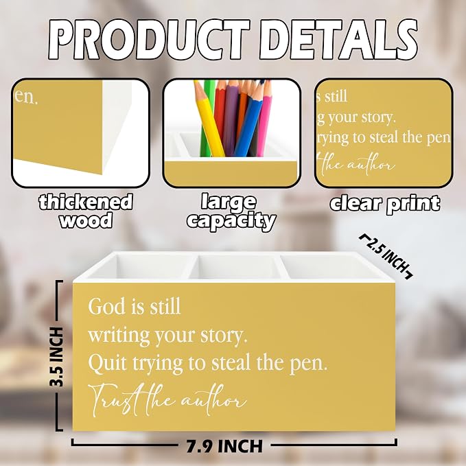 Yellow Christian Inspirational Pen Pencil Holder Organizer for Desk, Christian Office Decor, God Is Still Writing Your Story Bible Verse Wooden Box Sign for Office Home Desk Tabletop Decorations