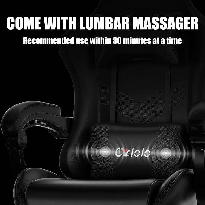 Czlolo Gaming Chair, Ergonomic Office Computer Chair with Footrest and Lumbar Support Massager Racing Style High Back Video Gamer Chair, Wide&Thick Cushion, 90°-135° Recline, Adjustable Height, Black