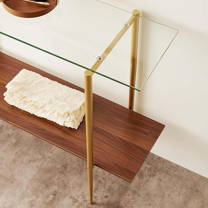 LumFurn Glass Console Table for Living Room, Foyer & Entrance, 2-Tiers Mid-Century Modern Sofa Table with Clear Glass Top, Walnut Finish Wood Top and Gold Finish Metal Frame