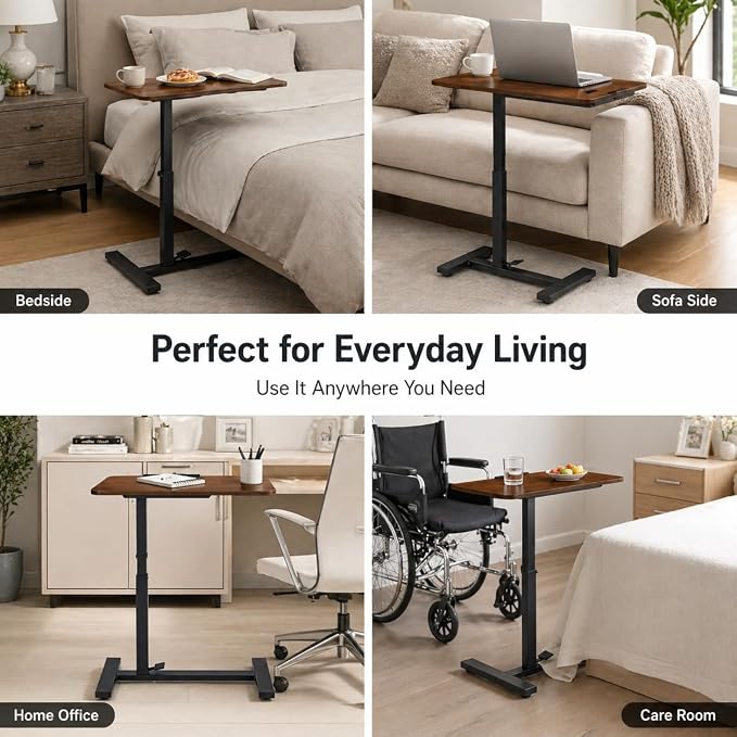 Mobile Standing Desk Adjustable Overbed Table, Pneumatic Height Adjustable Rolling Laptop Desk with Hidden Wheels, 0-180°Tilt Top Rolling Computer Cart Foldable for Home Office, Craft & Study, Brown