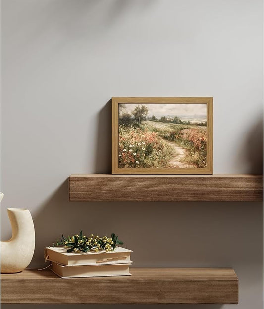CXQILVER Framed Vintage Cottagecore Landscape Wall Art, Wildflower Meadow Path Canvas Wall Decor Rustic Farmhouse Floral Nature Artwork for Living Room Bedroom Bathroom Home Decor 8x10 inch Framed