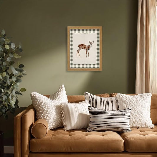 CXQILVER Vintage Framed Deer Wall Art Canvas Painting, Woodland Fawn Prints Wall Decor, Green Gingham Rustic Farmhouse Animal Artwork Pictures for Living Room Bedroom Bathroom Nursery Decor 12x16 Inch