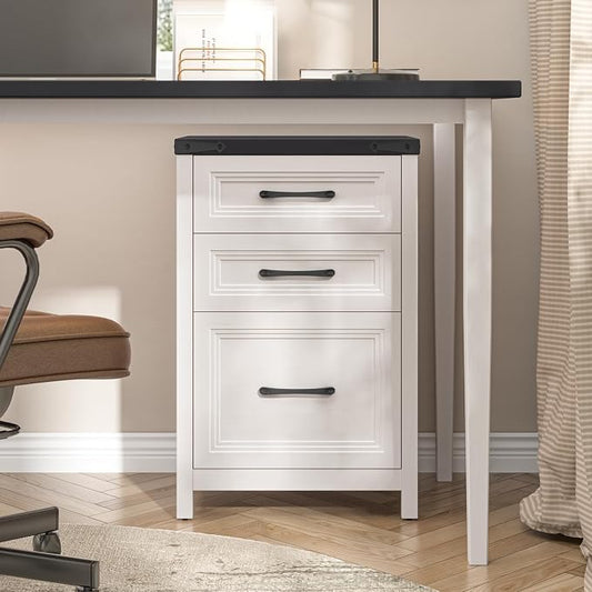 Vabches 3 Drawer Vertical File Cabinet, Farmhouse Wooden Filing Cabinet Fits A4 Letter Size, Under Desk Small File Cabinet, Printer Stand with Storage Organizer for Home Office, White and Black