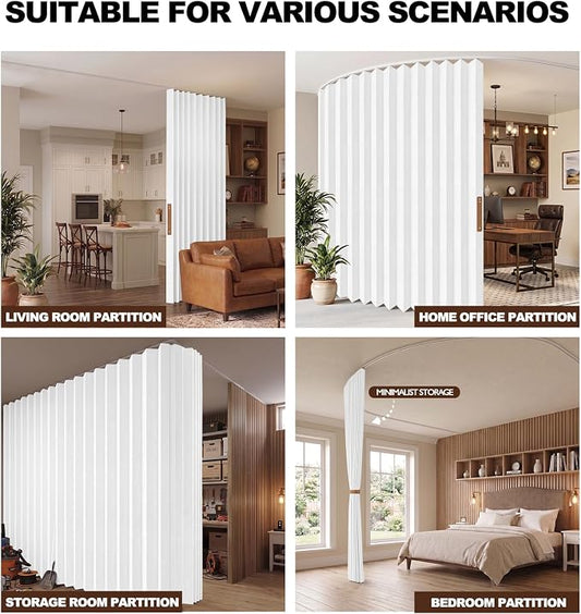 JILRON Hanging Accordion Room Divider with Track System - Ceiling-Mounted Partition Curtain, Simple Installation(White 180" W x 84" L-Pack of 1)