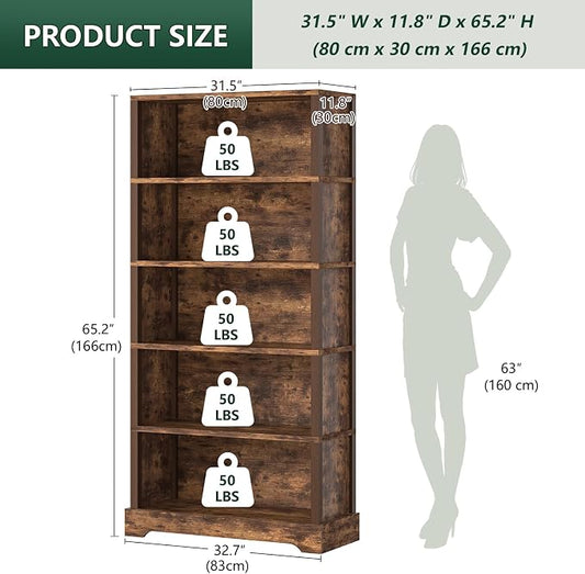 TVU 5-Tier Wooden Bookshelf, 65" Tall Farmhouse Style Open Bookcase, 31.5" W Standing Book Shelf with Storage, Suitable for Study, Living Room, Office, Rustic Brown