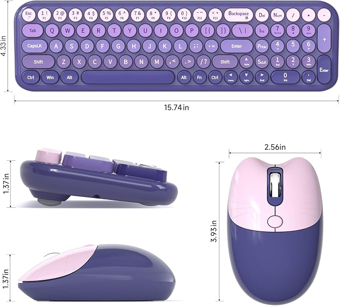 Wireless Keyboard and Mouse Combo, MOWUX Compact Typewriter Retro Round Computer Keyboard, Cute Optical Mouse Wireless, Plug and Play, for Laptop, PC, Computer- Purple Gradient