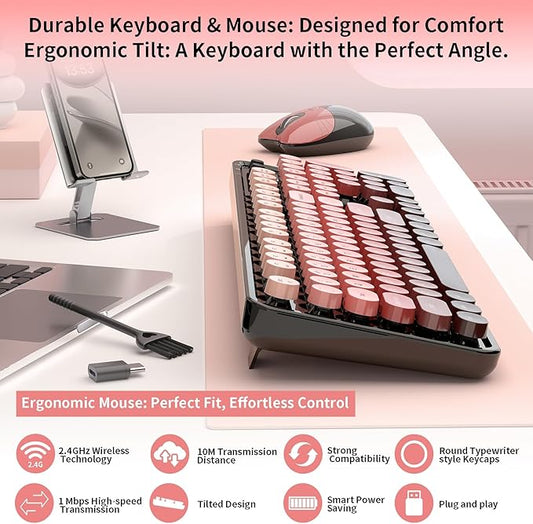 Wireless Keyboard and Mouse, 104 Round Keycaps Retro Typewriter with OTG & Brush, Full-Size Ergonomic, Ideal for Windows PC, Home, Office and College Black Pink