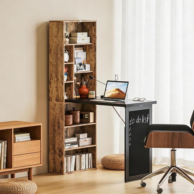 Foldable Wall Mounted Desk with Storage Shelves & Blackboard, Fold-Out Convertible Writing Table for Small Spaces | Space-Saving Floating Computer Desk for Home Office (Brown)