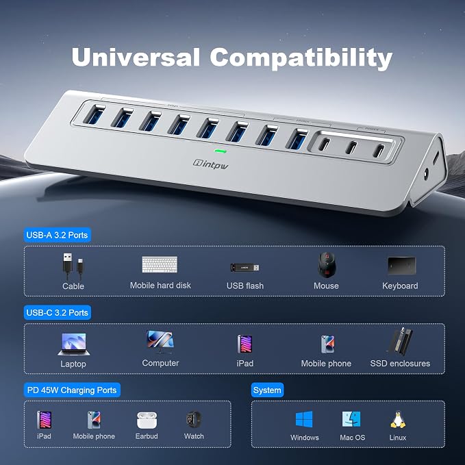 Powered USB Hub 10Gbps, intpw YH9AC Plus 13 Port USB 3.2 Hub(USB A/USB C 3.2+6 USB-A 3.0+2 PD 45W Fast Charging Ports+SD/TF Card Reader), 65W Power Adapter,Aluminum USB HUB for PC,Laptop,iPhone 17/16