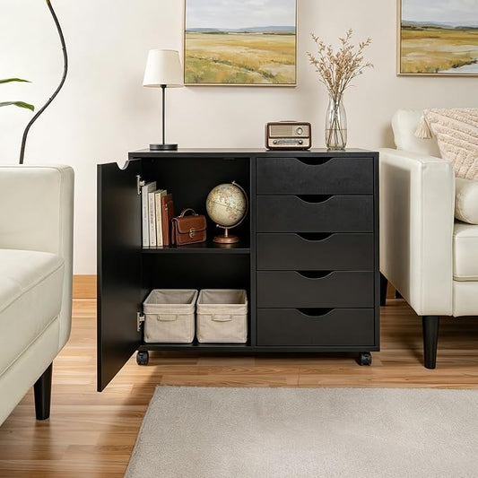 SweetGO 5 Drawer Wood File Cabinet with Wheels, Large Storage Printer Stand for Home Office, Rolling Cabinet Organizer with Reinforced Structure (Black)