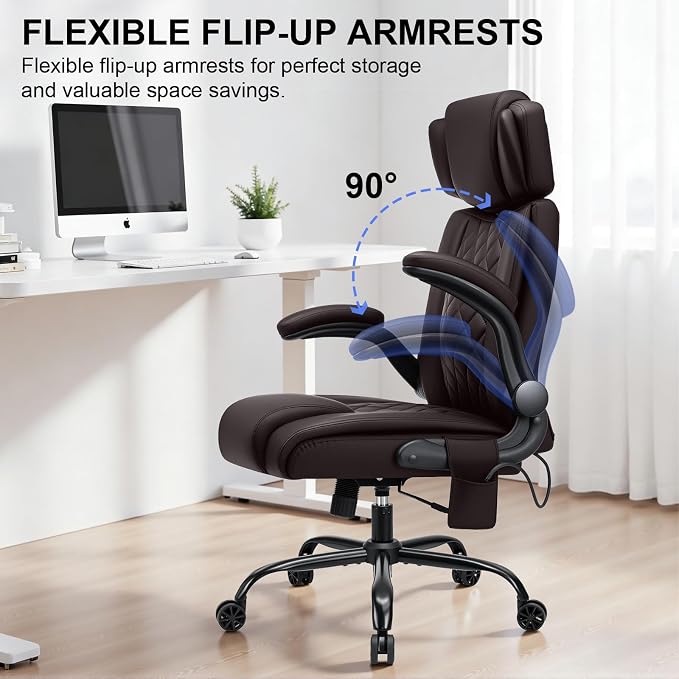 HOFFREE Executive Office Chair Ergonomic Computer Chair Comfy with Adjustable Lumbar Support and Headrest Swivel Rolling Office Chair with Flip-up Arms for Work,Study(Coffee)