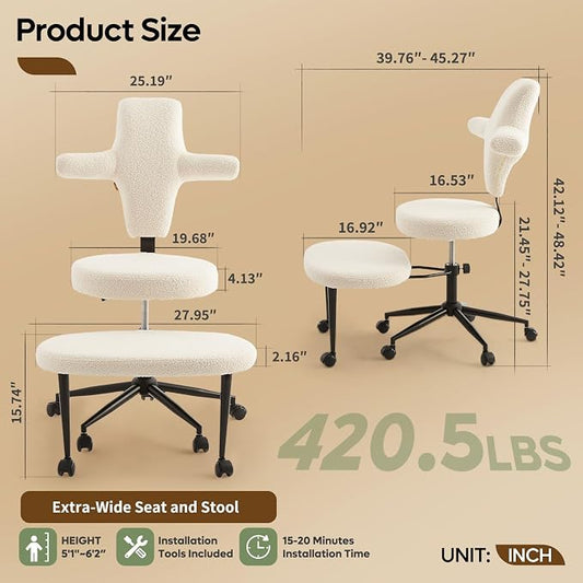 Pinmoco Ergonomic Cross Legged Office Chair Extra Wide for ADHD and Meditation, Kneeling Chair with 360° Swivel Wheels and Reversible Seating, Adjustable Height and Seat Depth, Teddy Fabric, White
