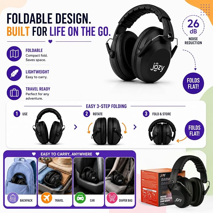 Jozy Noise Canceling Headphones for Kids, SNR 26dB Ear Protection for Autism, Sound Proof Sensory Muffs for Hearing, Concerts