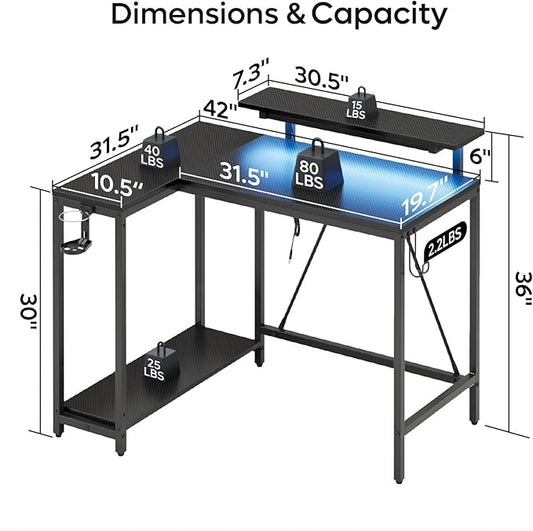 Pinmoco 42" Reversible L-Shaped Desk, Gaming Desk with LED Lights, Monitor Stand, Cup Holder and Headset Hook, Corner Work Station for Home Office, Study and Small Spaces, Carbon Fiber Black | corner desk fits small spaces, monitor stand, cup holder, h...