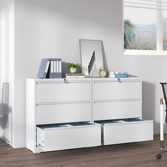 IKIMI 3 Drawer Lateral File Cabinets with Lock,White Metal Lateral Filing Cabinet for Home Office,Wide Steel Storage Cabinet Commercial Drawer Cabinet for Legal/Letter/A4 Size Files