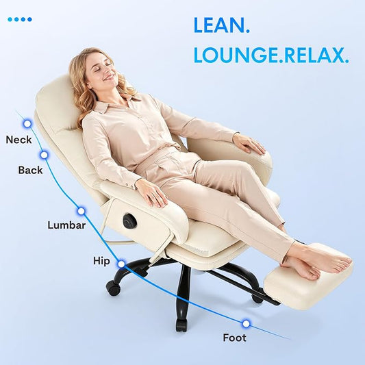FLEXISPOT Cooling Ergonomic Office Chair with Footrest Indoor Lounge Computer Chair with 90-165° 4-Level Reclining, Chairs for Working Relaxing Sleeping, Tech Cooling Leather with 0.4 Q-Max, White