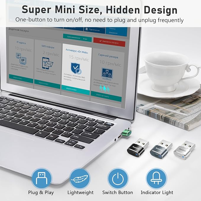 AUEDROT Mouse Jiggler Undetectable Metal USB Mouse Mover with Switch Button, Automatic Mini Mouse Shaker with 2 Jiggle Modes, Driver-Free, Plug and Play, Keep Computer/Laptop Awake, Green, 2 PCS