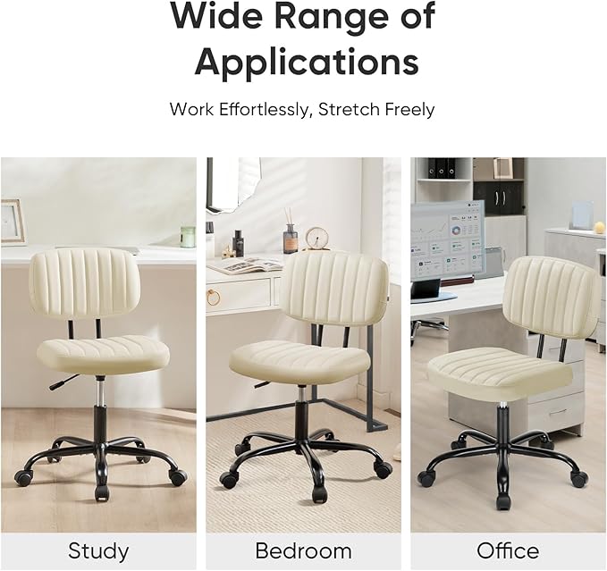 DUMOS Armless Home Office Chair: Small Desk Chair with Low Back Lumbar Support, Height Adjustable PU Leather Computer Task with 360° Swivel Wheels, for Adults, Beige