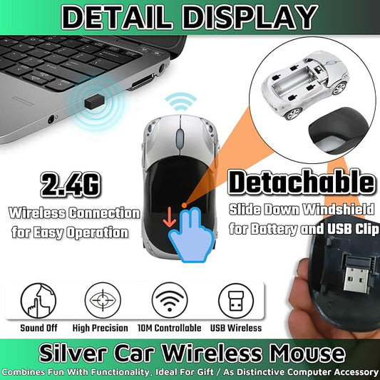 HuGuWdy Silver Car Mouse,2.4G with USB Reciver 1600DPI Computer Mice Wireless for Computer Wireless Computer Mouse for Laptop Tablet for Windows Mac OS(Silver)