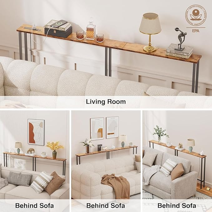 Keelian 63" Sofa Table Narrow Long - Power Outlets & 2 USB Ports, Metal Frame,Behind Couch Table Behind Sofa for Living Room, Hallway, Entrance- Easy Assembly, 4.9' Extension Cord Included.