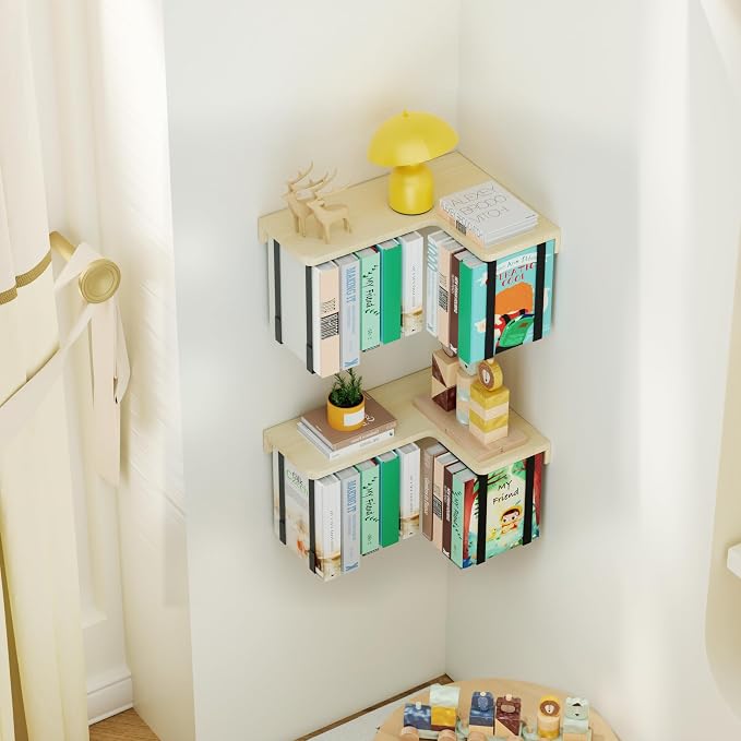 L-Shaped Corner Floating Shelves Set of 2, Floating Book Shelves for Wall | Pine Wood Wall Mount Floating Bookshelf with Hanging Strap Holds 9 Books, Hanging Hookshelf Display Shelf for Home Wall Decor