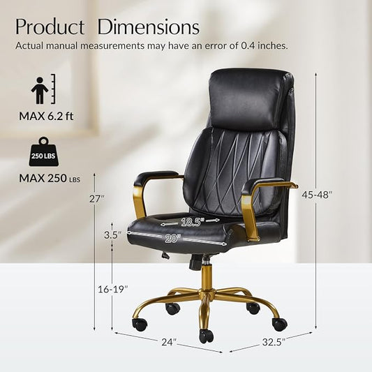 HULALA HOME Executive Office Chair with Adjustable Lumbar Support, Leather Ergonomic Office Chair with Padded Armrests, Tilt and High Back, White and Gold, Black