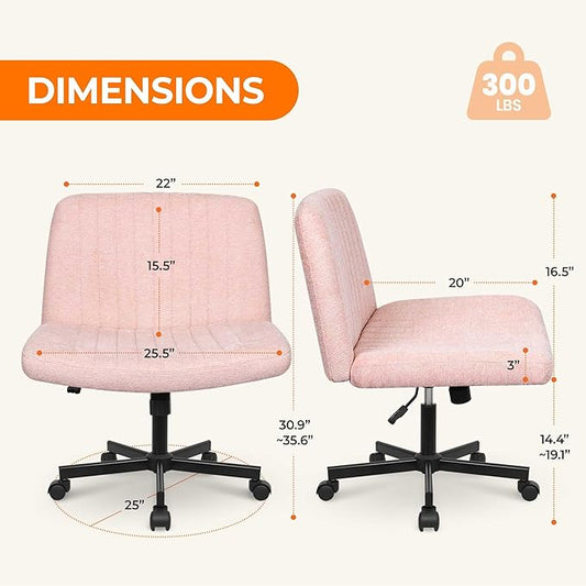 NEO CHAIR Criss Cross Chair with Wheels Home Office Cross Legged Armless Chairs Ergonomic Adjustable Computer Desk Task Wide Seat for Bedroom Vanity Comfy Swivel (Pink)