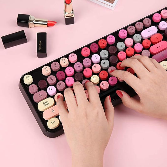 Wireless Keyboard and Mouse | Cute Colorful Keyboard and Mouse with 2.4GHz Cordless Retro Typewriter Keyboard | Auto-Sleep | USB Receiver for Windows PC/Laptop - Black Colorful