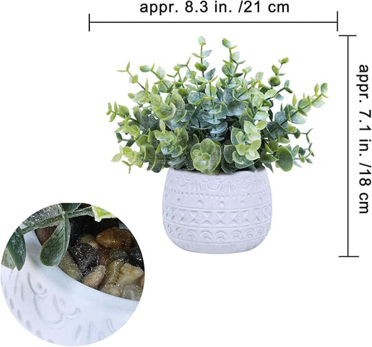 Winlyn Set of 2 Small Artificial Potted Plants Faux Eucalyptus Plant in White Geometric Ceramic Pots Small Desk Potted Plants 7.1" Tall for Home Office Room Decorations Wedding Greenery Centerpiece