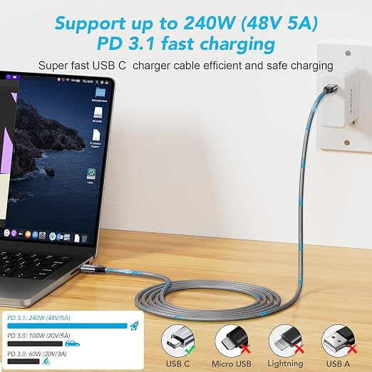 ULT-WIIQ 6.6FT USB C to USB C 3.2 Gen 2 x 2 Video Cable for Portable Monitor, 4K@144/120/60Hz 8K Display Cable, 20Gbps Data Transfer, PD 3.1 240W Fast Charging, for iPhone 17, MacBook, SSD, CarPlay