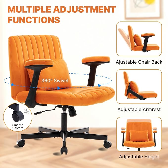 Criss Cross Chair with Armrest,Cross Legged Chair with Wheels,Adjustable Reclining Office Chair - Modern for Home Office, Meditation & Creative Work (Orange)