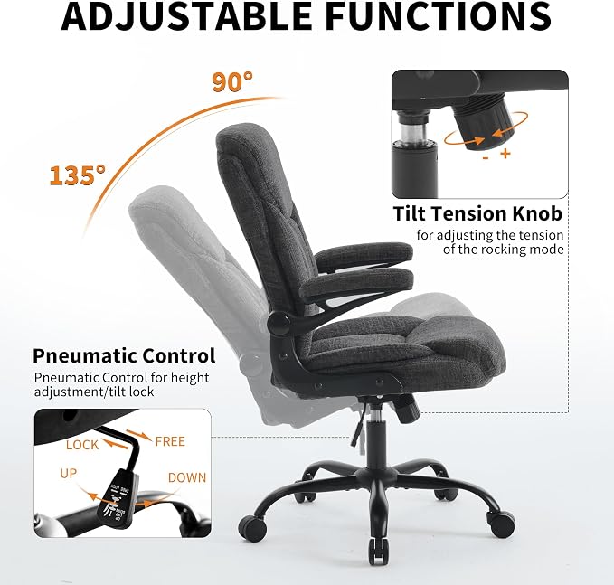 Home Office Ergonomic Desk Chair - Comfy Fabric Executive Chair with Flip-Up Armrests, Height Adjustable Computer Chair for Gaming, 360° Swivel & Rocking (Grey)
