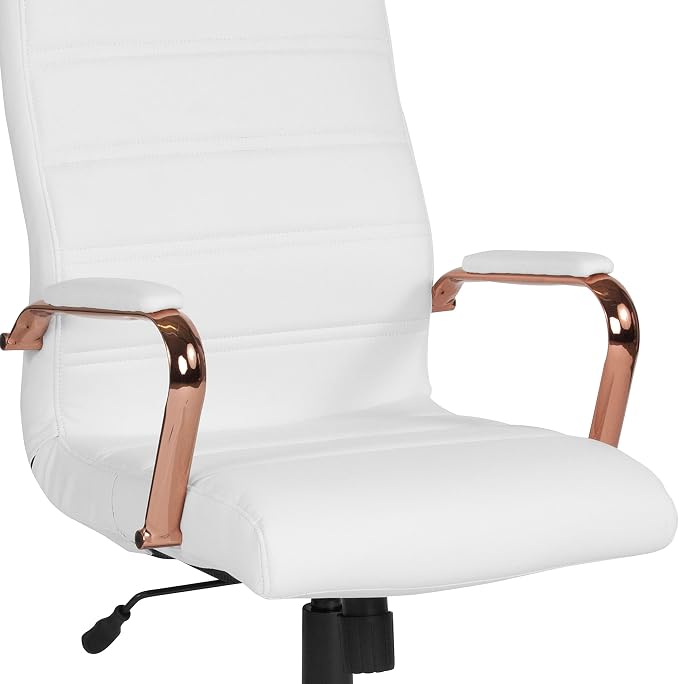EMMA + OLIVER Faux Leather High-Back Swivel Home Office Desk Chair with Wheels, Padded Seat, and Armrests, Adjustable Height Multipurpose Office Chair, White/Rose Gold