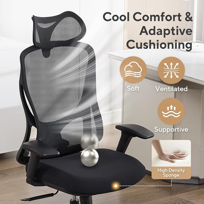 Nouhaus Apertura Ergonomic Office Chair, Home Office Desk Chairs w/Adjustable Lumbar Support & Headrest, Dynamic Back Support, 3D Armrests, High Back Mesh Comfy Computer Chair for Long Hours (Black)