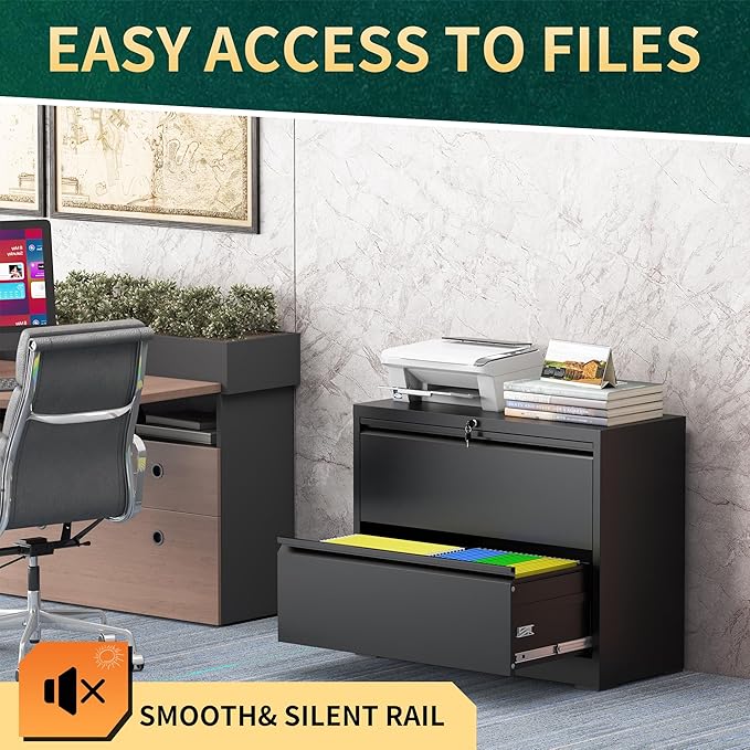 2 Drawer Lateral File Cabinet with Lock, Metal Lateral File Cabinets for Home Office, Steel Heavy-Duty Filing Storage Cabinet for Letters/Legal/A4 (Require Assembly, Black)